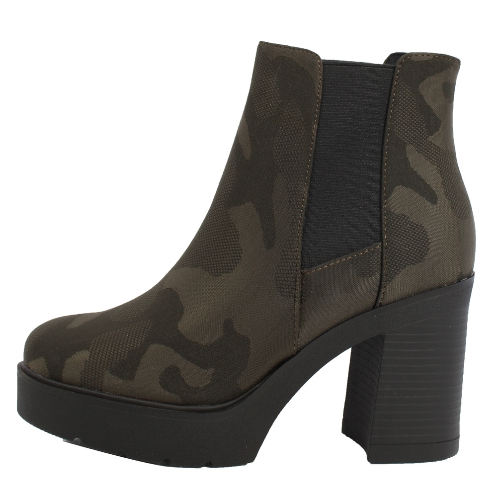 Camouflage Faux Suede Chelsea Lug Block Heel Ankle - Picture 4 of 7
